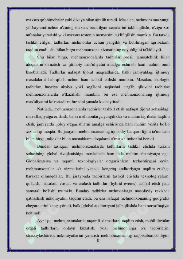Mehmonxonalarda tashkil etiladigan ommaviy tadbirlarning oʼziga xosligi 8