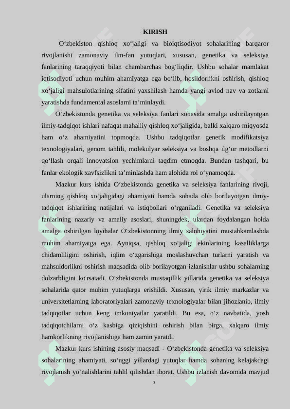 OʻZBEKISTONDA GENETIKA VA SELEKSIYA FANLARI  SOHASIDAGI ILMIY TADQIQOTLAR KURS ISHI 3