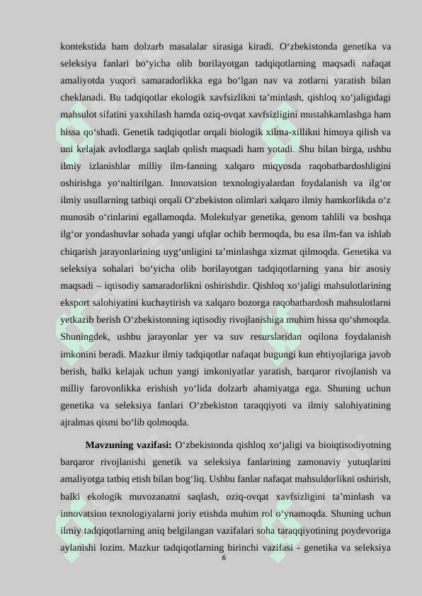 OʻZBEKISTONDA GENETIKA VA SELEKSIYA FANLARI  SOHASIDAGI ILMIY TADQIQOTLAR KURS ISHI 6