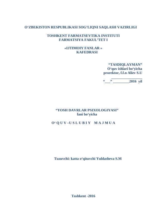 YOSH DAVRLAR PSIXOLOGIYASI FANIDAN O'QUV-USLUBIY MAJMUA