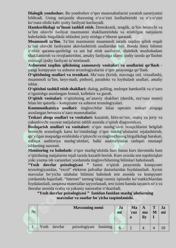 YOSH DAVRLAR PSIXOLOGIYASI FANIDAN O'QUV-USLUBIY MAJMUA 5