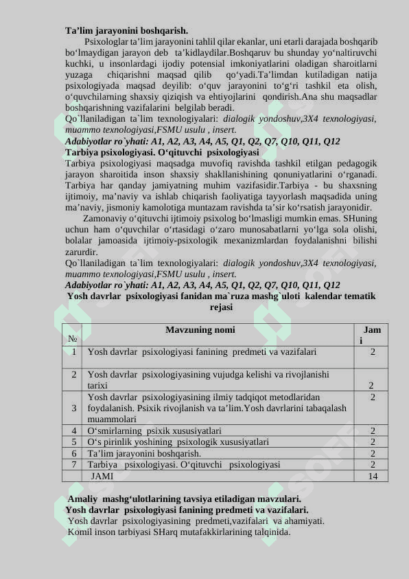 YOSH DAVRLAR PSIXOLOGIYASI FANIDAN O'QUV-USLUBIY MAJMUA 8