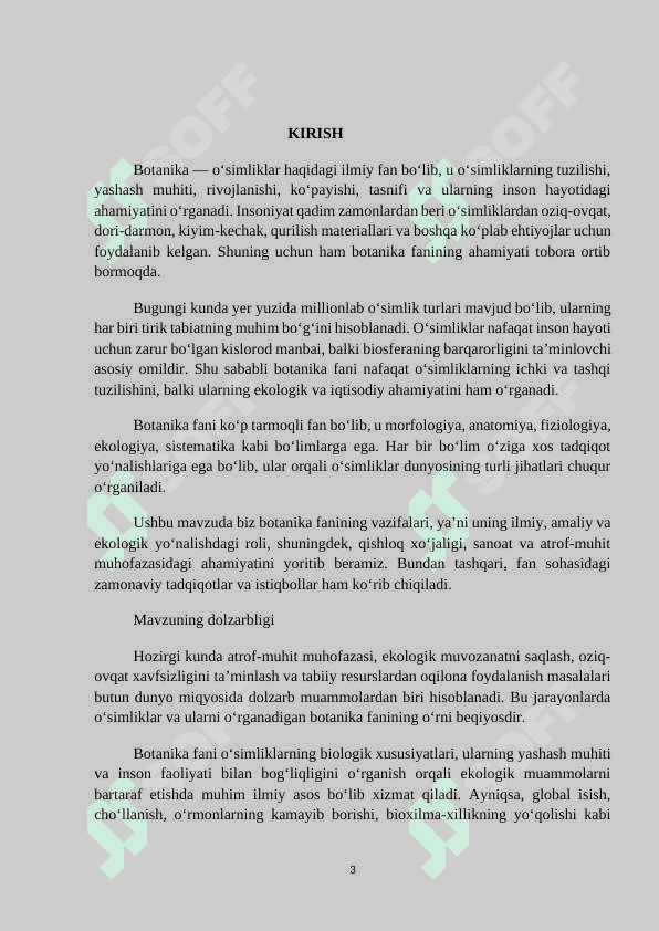 MAVZU: BOTANIKA FANINING VAZIFALARI. KURS ISHI 3