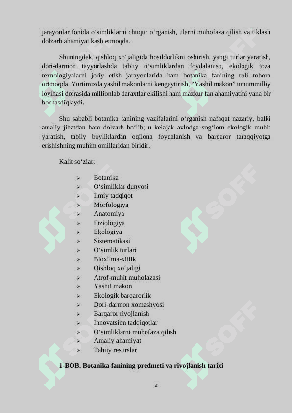 MAVZU: BOTANIKA FANINING VAZIFALARI. KURS ISHI 4