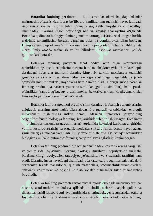 MAVZU: BOTANIKA FANINING VAZIFALARI. KURS ISHI 5