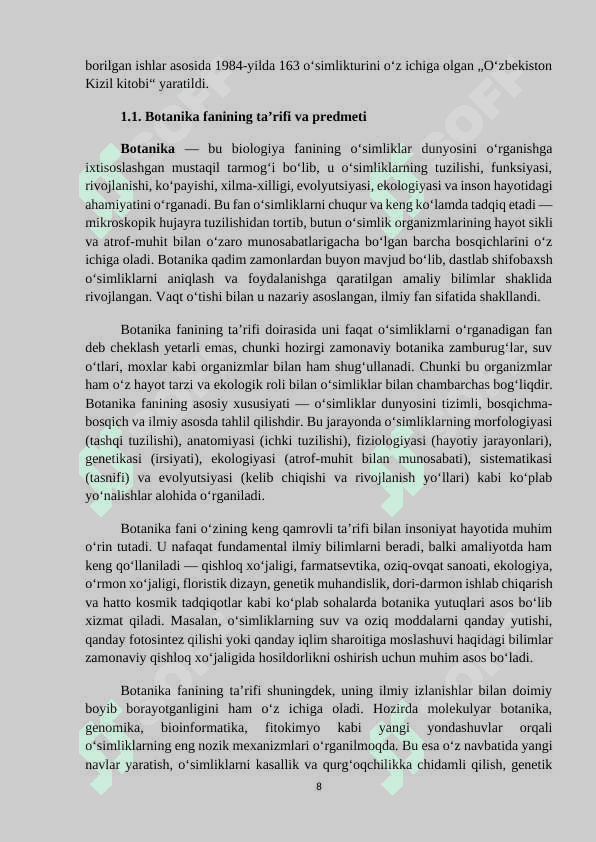 MAVZU: BOTANIKA FANINING VAZIFALARI. KURS ISHI 8