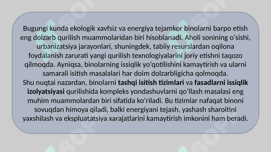 Binolarni tashqi isitish tizimlari Fasadlarni issiqlik izolyasiyasi 2