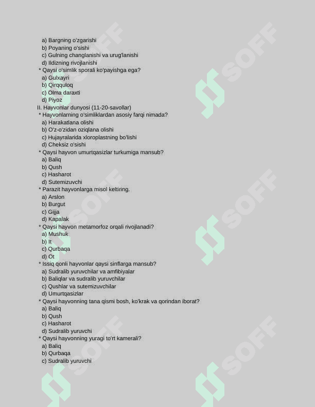6 sinf biologiya fanidan mavzulashtirilgan test 2