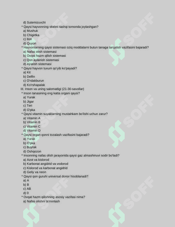 6 sinf biologiya fanidan mavzulashtirilgan test 3