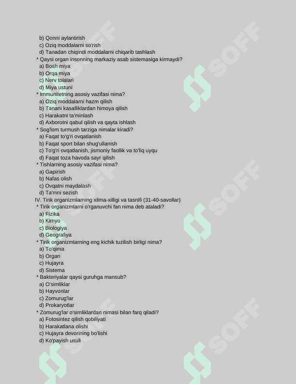 6 sinf biologiya fanidan mavzulashtirilgan test 4