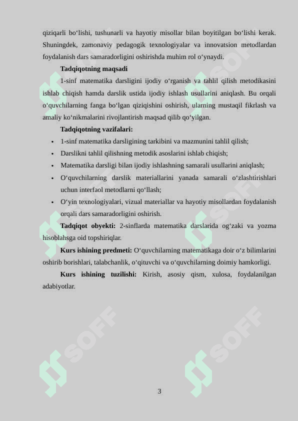 BOSHLANG‘ICH SINFLARDA MATEMATIKA DARSLIGI USTIDA IJODIY ISHLASH, DARSLIK TAHLILINI AMALGA OSHIRISH METODIKASI (1-SINF MISOLIDA) 3