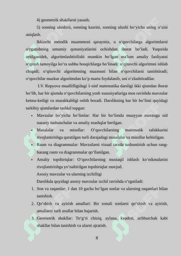 BOSHLANG‘ICH SINFLARDA MATEMATIKA DARSLIGI USTIDA IJODIY ISHLASH, DARSLIK TAHLILINI AMALGA OSHIRISH METODIKASI (1-SINF MISOLIDA) 8
