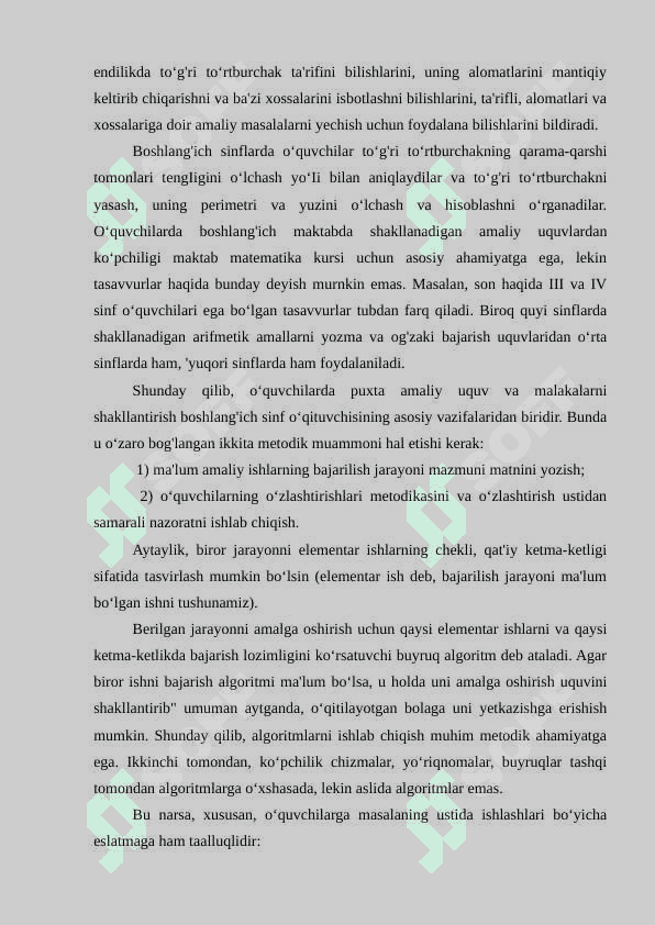 BOSHLANG‘ICH SINFLARDA MATEMATIKA DARSLIGI USTIDA IJODIY ISHLASH VA DARSLIK TAHLILINI AMALGA OSHIRISH METODIKASI (2-SINF MISOLIDA) 6