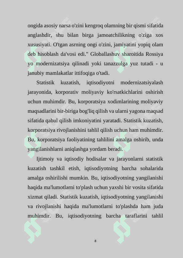 Iqtisodiyotni modernizatsiya qilish sharoitida agrar sohani rivojlantirish yo’llari. 8