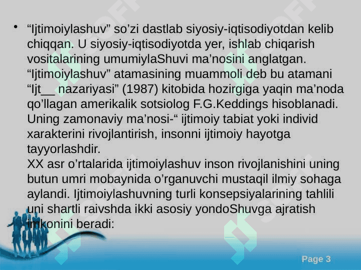 Ijtimoiylashuv tushunchasi, jarayoni, vositalari. Ijtimoiylashtirishning omillari mexanizmlari. Ijtimoiylashtirishda xalqi oĝishgan bolalar bilan ishlash metodlari. 3