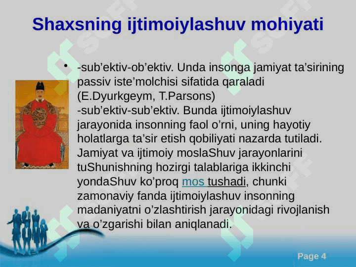 Ijtimoiylashuv tushunchasi, jarayoni, vositalari. Ijtimoiylashtirishning omillari mexanizmlari. Ijtimoiylashtirishda xalqi oĝishgan bolalar bilan ishlash metodlari. 4