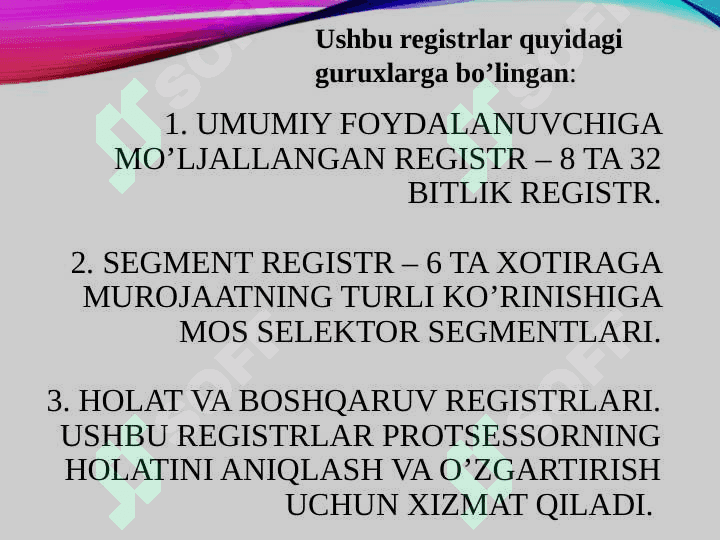 REGISTLAR,FLAGLAR Registrlar va ularning turlari, vazifalari, tasnifi. 4