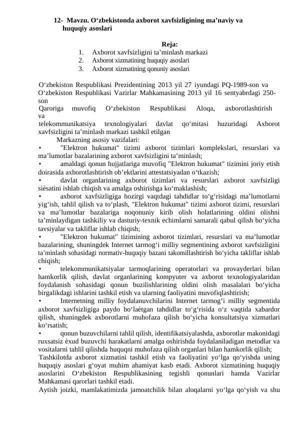 O‘zbekistonda axborot xavfsizligining ma’naviy va      huquqiy asoslari