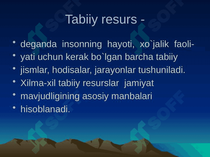 Tabiiy zaxiralar ta`siri turlari va ulardan foydalanish yerlarning mineral xom ashyo va energiya zaxiralari 3