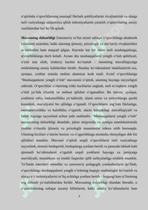 8-sinfda “mashaqqatlarni yengib o‘tish” mavzusini o’qitish metodikasi 4
