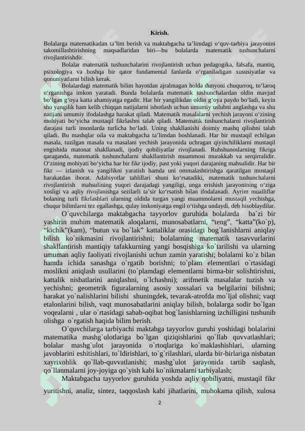 MAKTABGACHA TA’LIM TASHKILOTLARIDA MAKTABGA TAYYORLOV GURUH YOSHIDAGI BOLALARNING MATEMATIK TASAVVURLARINI SHAKLLANTIRISH 2