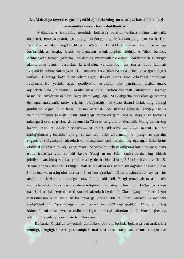 MAKTABGACHA TA’LIM TASHKILOTLARIDA MAKTABGA TAYYORLOV GURUH YOSHIDAGI BOLALARNING MATEMATIK TASAVVURLARINI SHAKLLANTIRISH 6