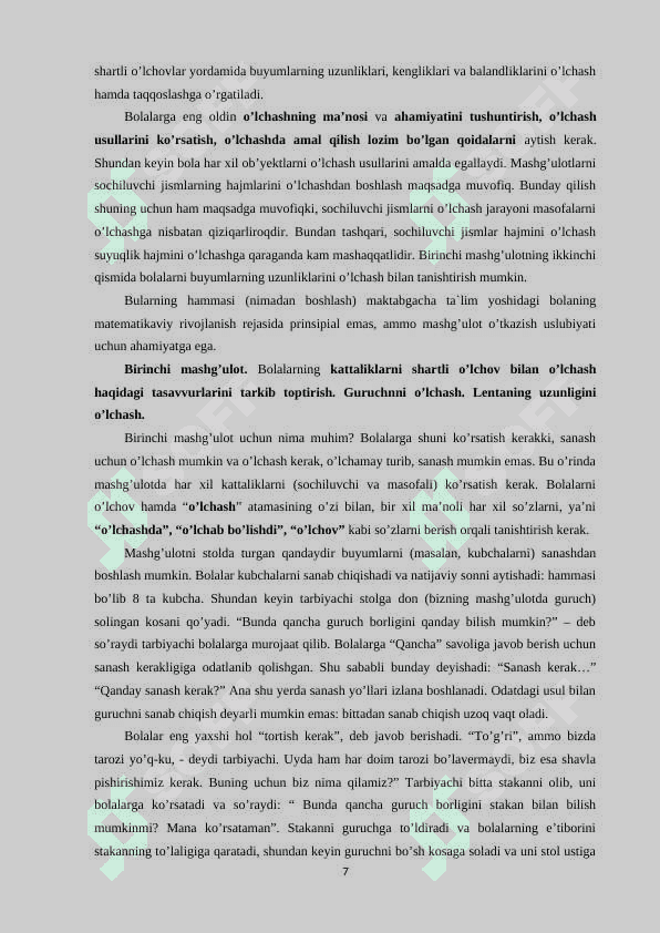 MAKTABGACHA TA’LIM TASHKILOTLARIDA MAKTABGA TAYYORLOV GURUH YOSHIDAGI BOLALARNING MATEMATIK TASAVVURLARINI SHAKLLANTIRISH 7