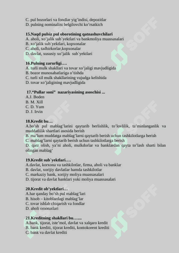 Pul va banklar fanidan  test savollari 3