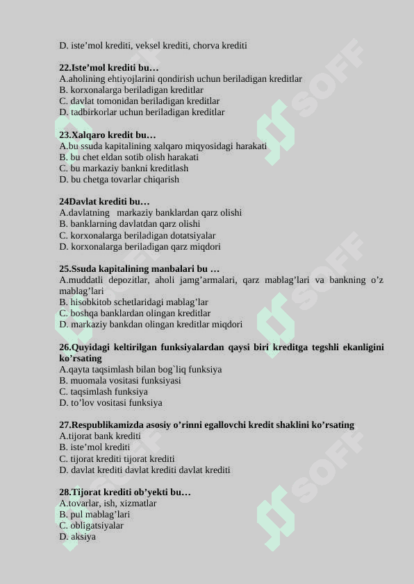 Pul va banklar fanidan  test savollari 4