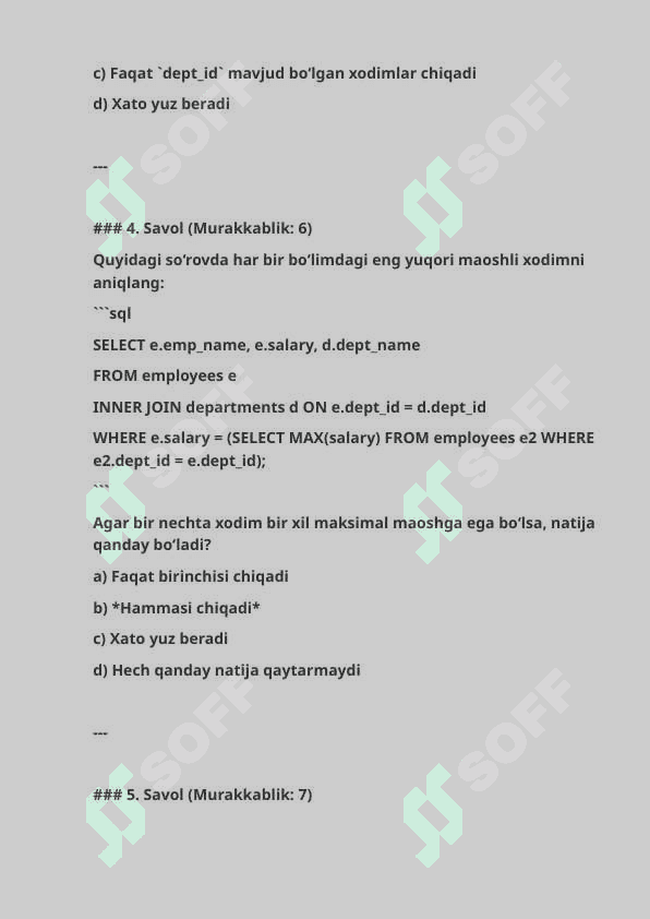 SQL Test Savollari: JOIN, GROUP BY, Window Funksiyalari | SQL Bilimingizni Sinang! 3