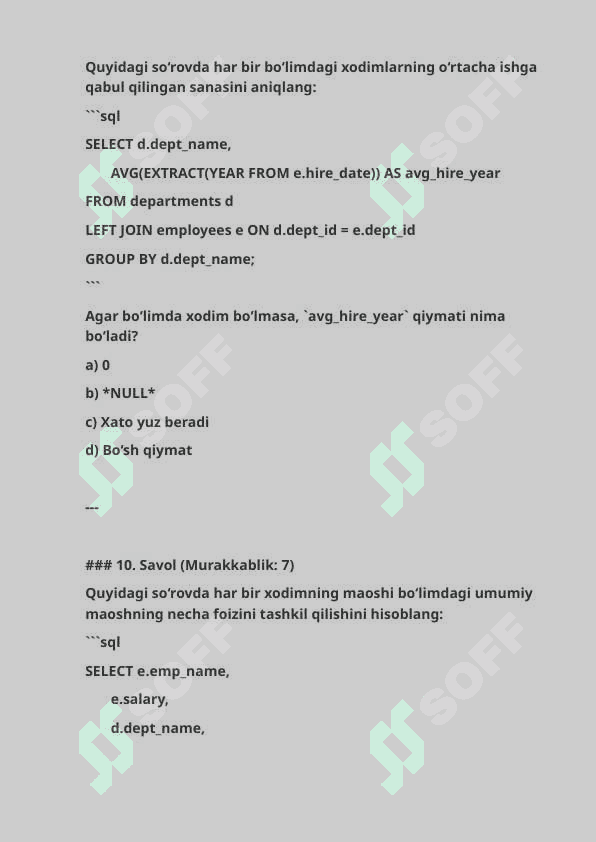SQL Test Savollari: JOIN, GROUP BY, Window Funksiyalari | SQL Bilimingizni Sinang! 7