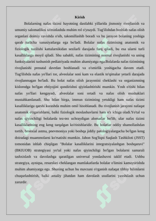 Bolalarda nafas tizimining anatomo- fiziologik xususiyatlari. Bolalarda nafas tizimi kasalliklarini semiotikasi va sindromlari. JSST ning BKIUOB strategiyasiga ko’ra yo’tal yoki nafas kiyinchiligi bo’lgan bolalar 2