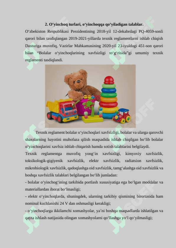 Bola tarbiyasida o‘yinchoqning ahamiyati. O‘yinchoq turlari, o‘yinchoqqa qo‘yiladigan talablar. Kartoteka tayyorlash tartibi. Ta’limiy o‘yinlar kartotekasini tayyorlash. O‘yin bola faoliyatining asosiy turi, o‘yinning kelib chiqish tarixi. 3