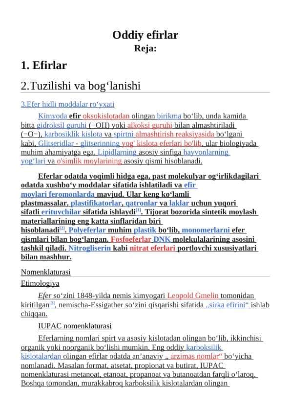 "Oddiy Efirlar: Tuzilishi, Xossalari va Hosil Qilish Usullari" - 1-Kurs Kimyo Fanidan To'liq Mustaqil Ish