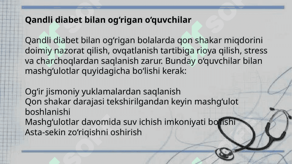 Ichki sekretsiya bezlari (qandli diabet), nafas olish a’zolari (sil va bronxial astma) kasalliklari bilan og‘rigan maktab o‘quvchilari bilan mashg‘ulotlar o‘tkazish tamoyillari 4