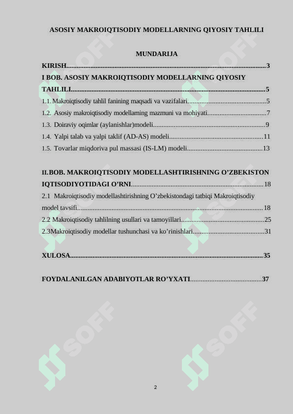 ASOSIY MAKROIQTISODIY MODELLARNING QIYOSIY TAHLILI 2