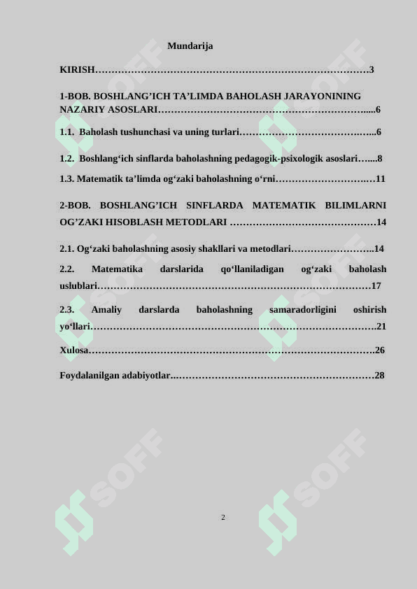 BOSHLANG’ICH SINFLARDA MATEMATIK BILIMLARNI  OG’ZAKI BAHOLASH METODLARI. kurs ishi. boshlang'ich ta'lim 2