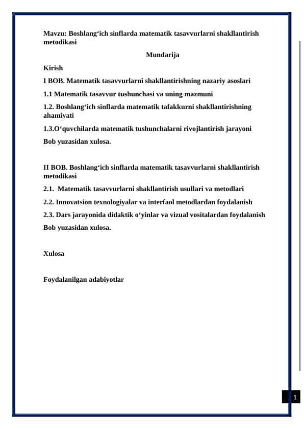 Boshlang‘ich sinflarda matematik tasavvurlarni shakllantirish metodikasi KURS ISHI