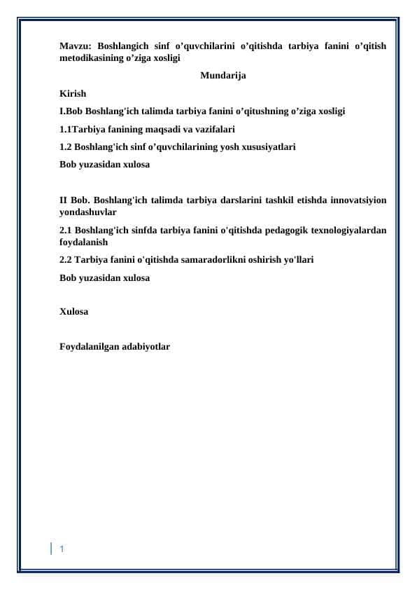 Boshlangich sinf o’quvchilarini o’qitishda tarbiya fanini o’qitish metodikasining o’ziga xosligi 1