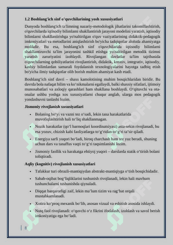 Boshlangich sinf o’quvchilarini o’qitishda tarbiya fanini o’qitish metodikasining o’ziga xosligi 8