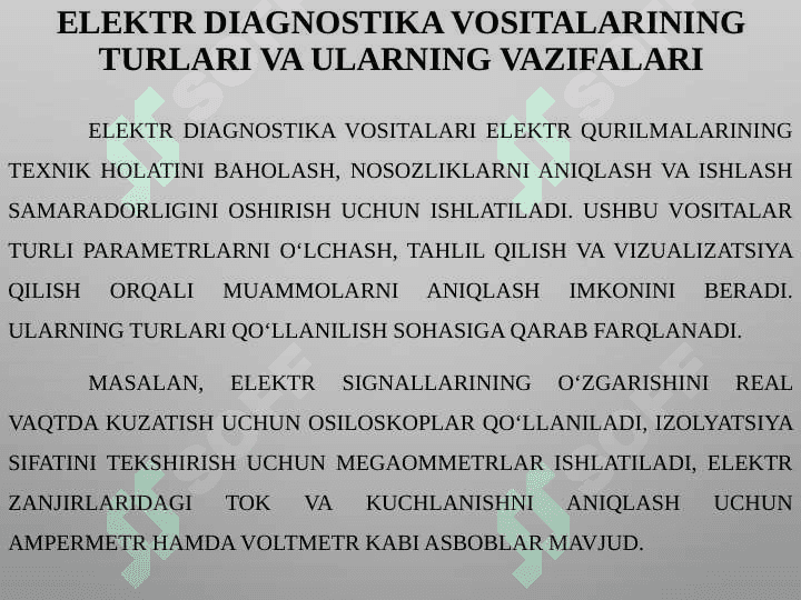 Elektr diagnostika vositasining asosiy texnik ko‘rsatkichlari va ishlash usullari 4