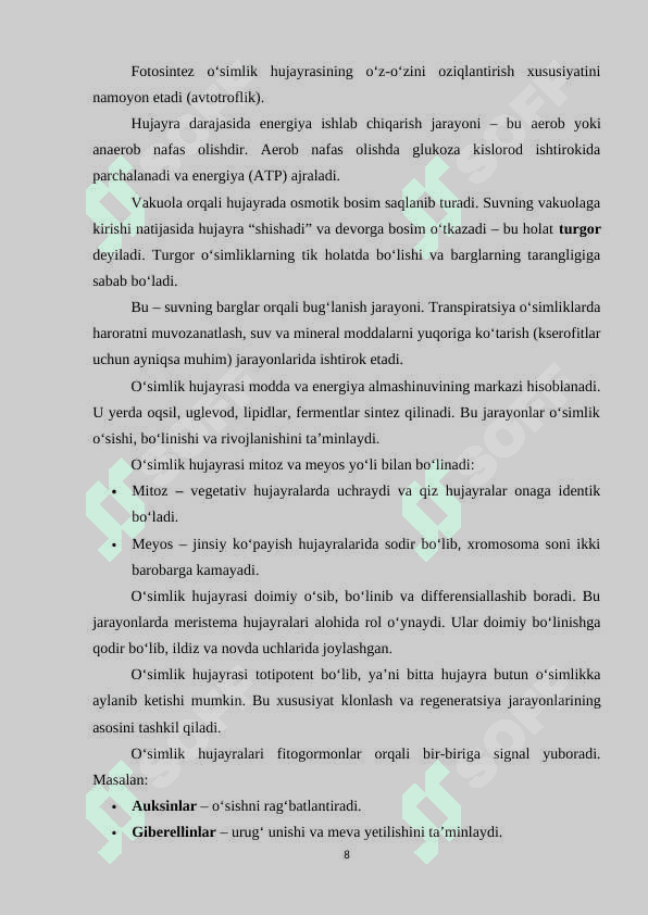 Oʻsimlik va hayvon hujayrasining oʻziga xos xususiyatlari 8