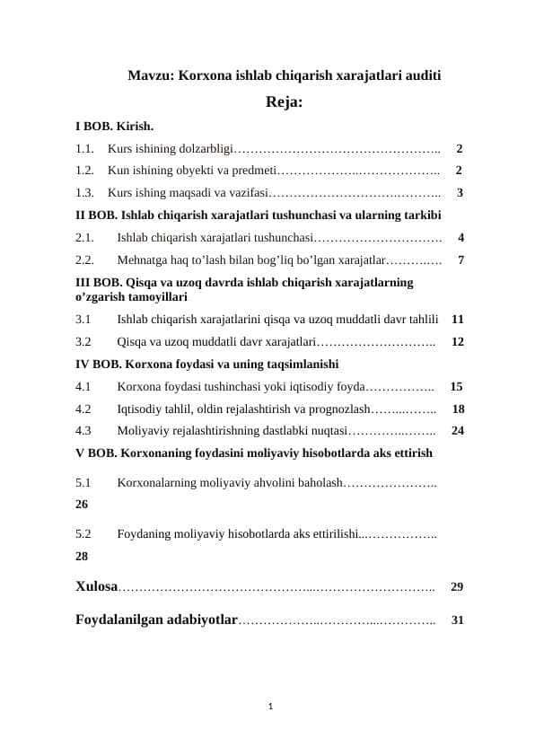 Korxona ishlab chiqarish xarajatlari auditi kurs ishi