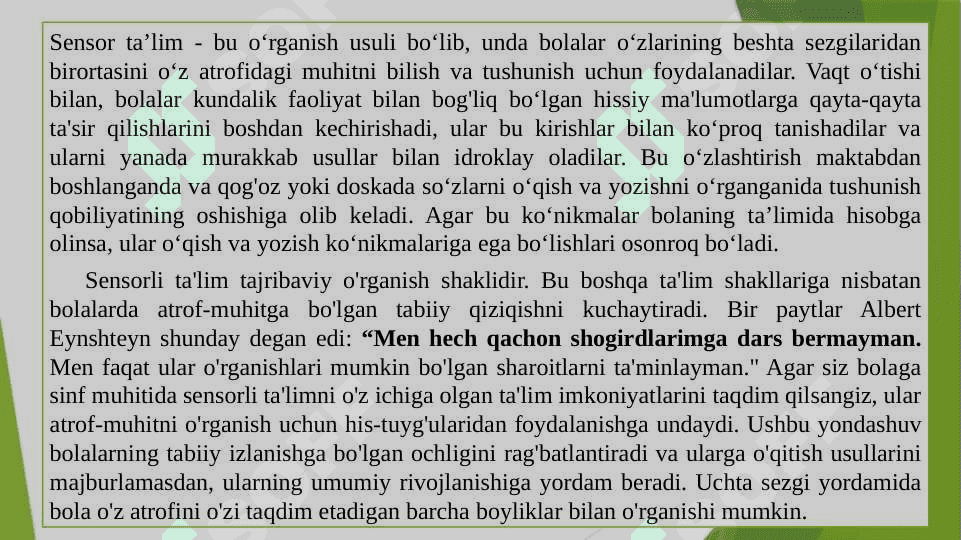 Maktabgacha ta’lim tashkilotlarida tarbiya turlari va ularning shaxs kamolotiga ta’siri. Maktabgacha ta’lim tashkilotlarida jismoniy, aqliy tarbiya berish usullari va vositalari. Maktabgacha yoshdagi bolalar sensor tarbiyasining mazmuni. Jamoa shaxs axloqiy kamolotining asosi. Maktabgacha yoshdagi bolalarga estetik va ekologik tarbiya berish mazmuni, vazifalari, metod va usullari. Maktabgacha ta’lim tashkilotlarida iqtisodiy va huquqiy tarbiyani tashkil qilish 8