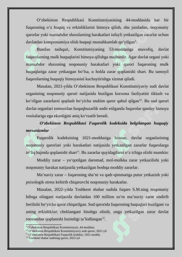 Davlat organlari va fuqarolarning o‘zini o‘zi boshqarish organlari tomonidan yetkazilgan zararni to‘lashning boshqa qonun hujjatlardagi ahamiyati. 8