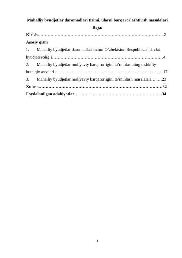 Mahalliy byudjetlar daromadlari tizimi, ularni barqarorlashtirish masalalari