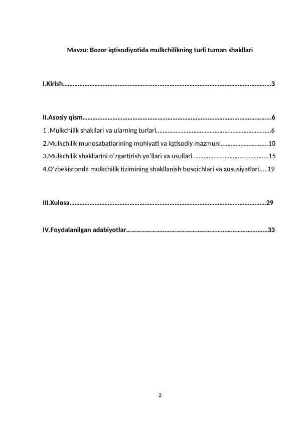 Bozor iqtisodiyotida mulkchilikni turli shakllari kurs ishi