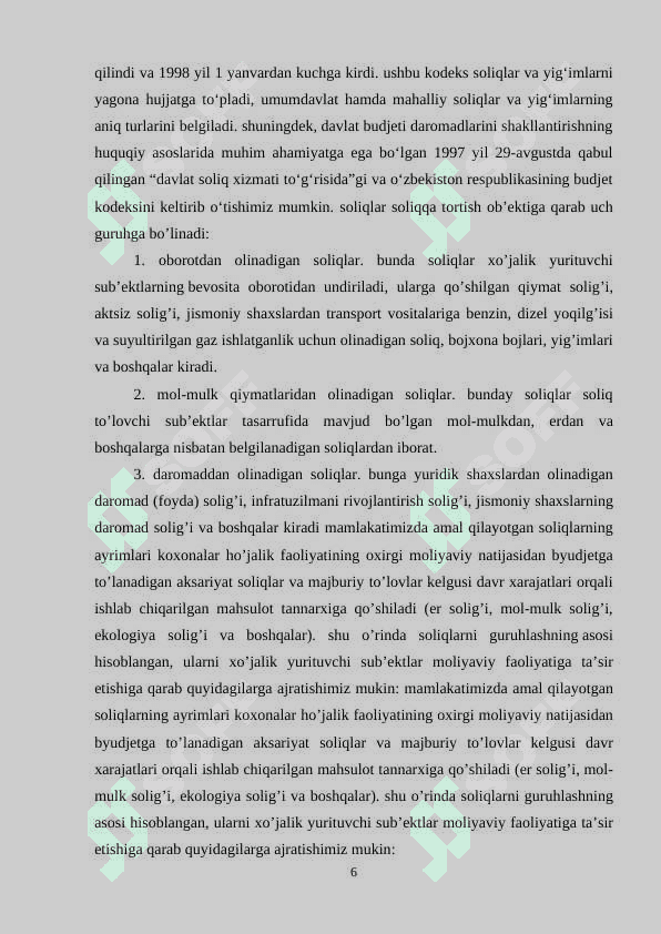 Mahalliy byudjetlar daromadlarining shakllanishida umumdavlat soliqlarining oʻrni va ahamiyati 6