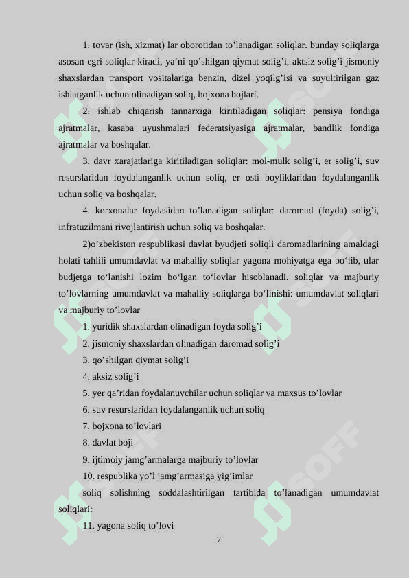 Mahalliy byudjetlar daromadlarining shakllanishida umumdavlat soliqlarining oʻrni va ahamiyati 7