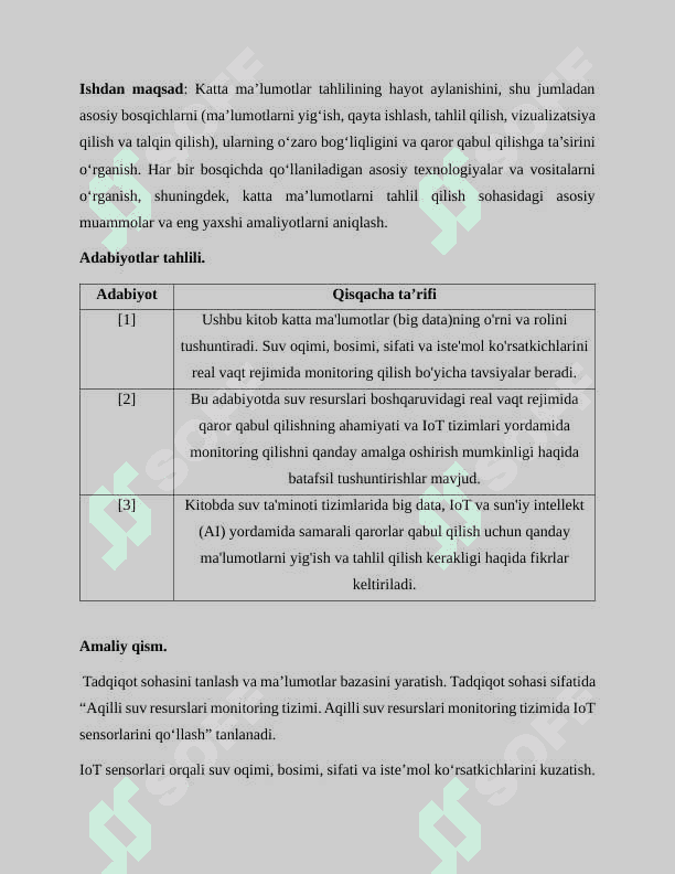 Aqilli suv resurslari monitoring tizimi. Aqilli suv resurslari monitoring tizimida IoT sensorlarini qo‘llash uchun ma’lumotlar bazasini tuzish. 2